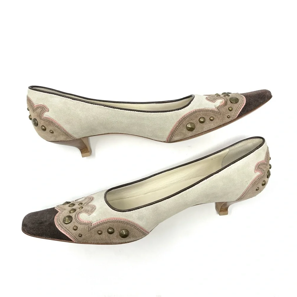 Vintage Miu Miu Y2K Western Suede Kitten Low Heels Pumps Beige Brown Pink 37 7